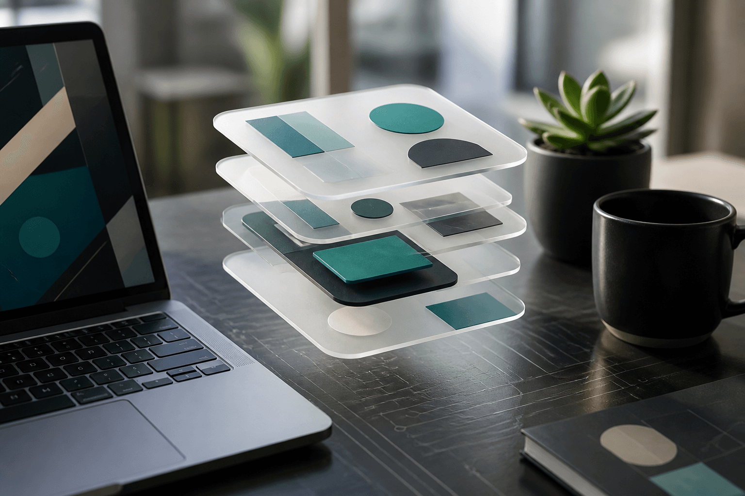 A modern software desk with layered glass interface cards