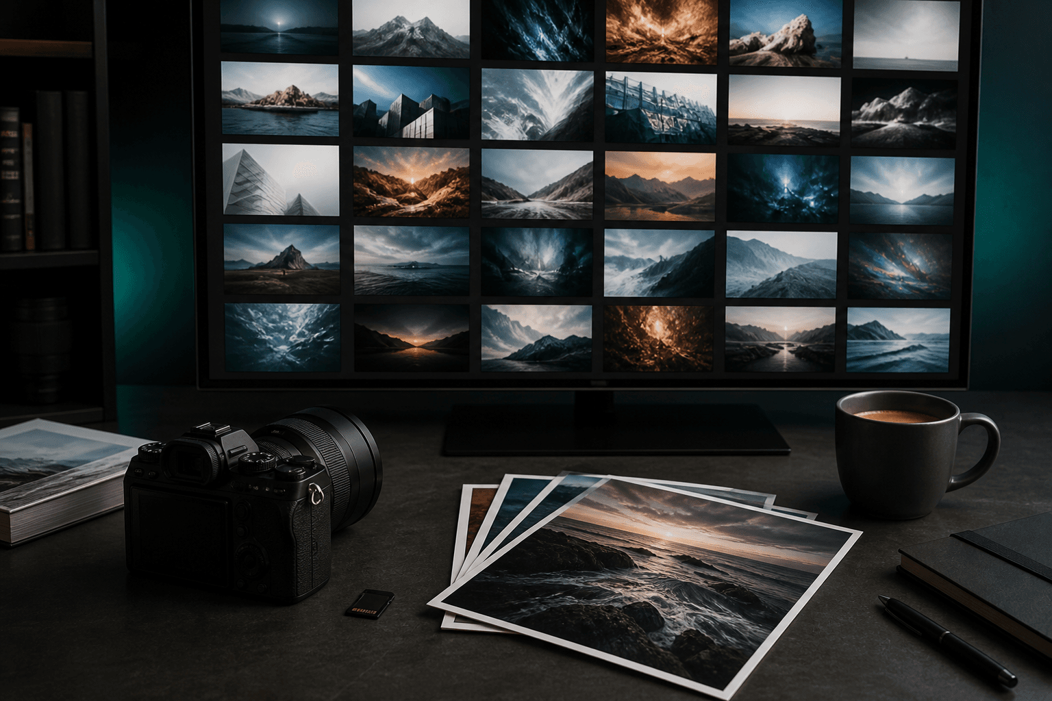 A media library workspace with a grid of photographs on a large display